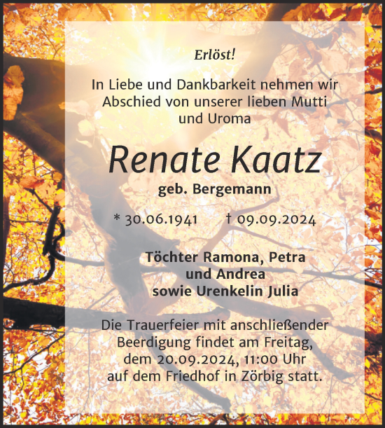 Traueranzeige von Renate Kaatz von Trauerkombi Bitterfeld