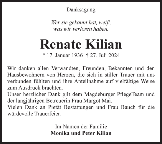 Traueranzeige von Renate Kilian von Volksstimme Magdeburg