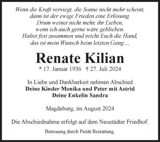 Traueranzeige von Renate Kilian von Volksstimme Magdeburg