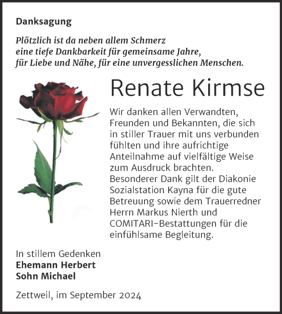 Traueranzeige von Renate Kirmse von Trauerkombi Zeitz