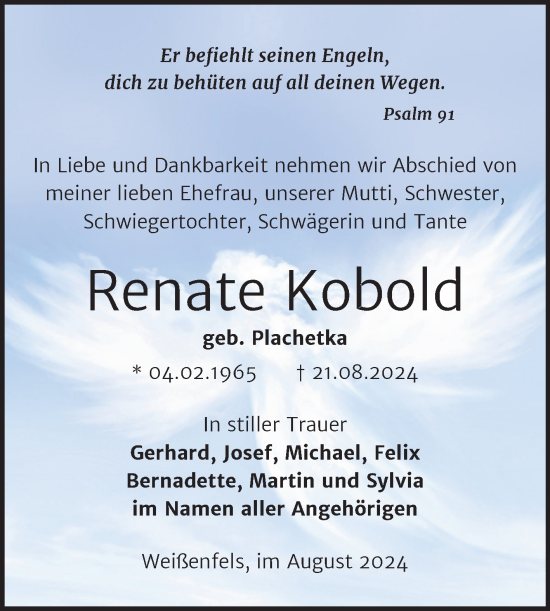 Traueranzeige von Renate Kobold von Trauerkombi Weißenfels