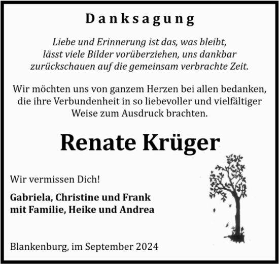 Traueranzeige von Renate Krüger von Volksstimme Wernigerode