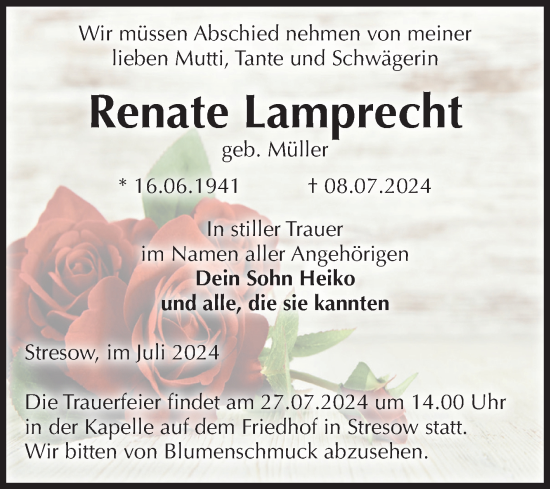 Traueranzeige von Renate Lamprecht von Volksstimme Burg/Genthin