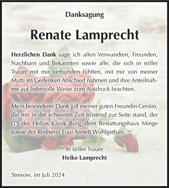 Traueranzeige von Renate Lamprecht von Volksstimme Burg/Genthin