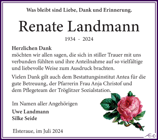 Traueranzeige von Renate Landmann von Trauerkombi Zeitz