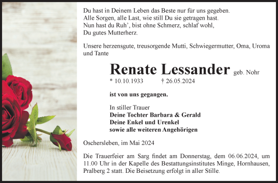 Traueranzeige von Renate Lessander von Volksstimme Oschersleben/Wanzleben