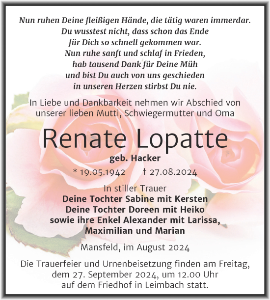 Traueranzeige von Renate Lopatte von Trauerkombi Mansfelder Land