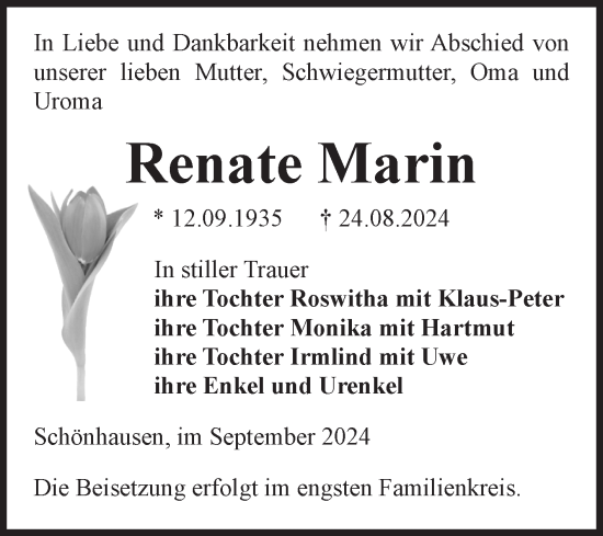Traueranzeige von Renate Marin von Volksstimme Altmark Ost