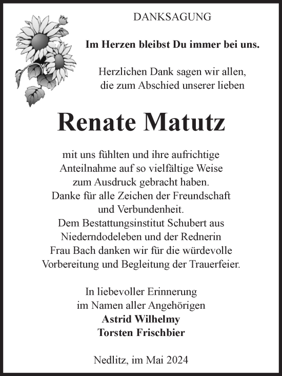 Traueranzeige von Renate Matutz von Volksstimme Burg/Genthin