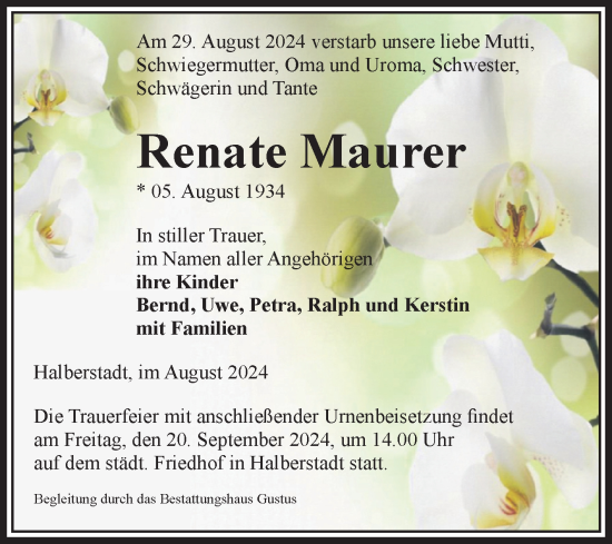 Traueranzeige von Renate Maurer von Volksstimme Halberstadt