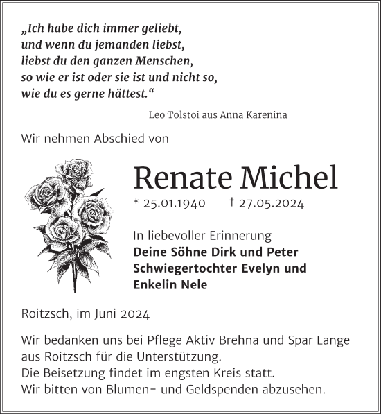 Traueranzeige von Renate Michel von Trauerkombi Bitterfeld