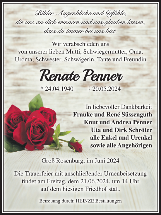 Traueranzeige von Renate Penner von Volksstimme Schönebeck