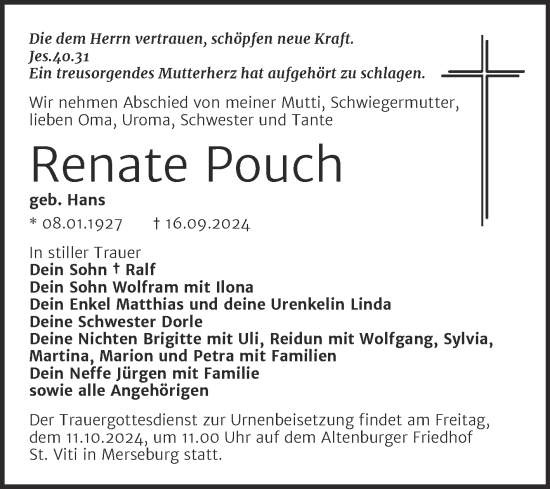 Traueranzeige von Renate Pouch von Trauerkombi Merseburg