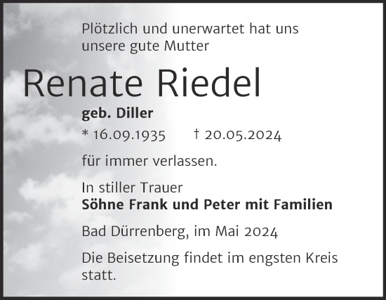 Traueranzeige von Renate Riedel von Mitteldeutsche Zeitung Merseburg/Querfurt
