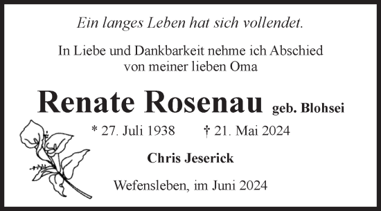 Traueranzeige von Renate Rosenau von Volksstimme Oschersleben/Wanzleben