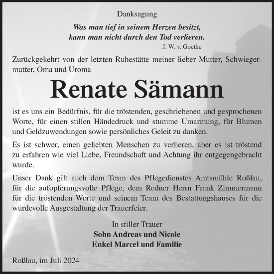 Traueranzeige von Renate Sämann von Trauerkombi Dessau