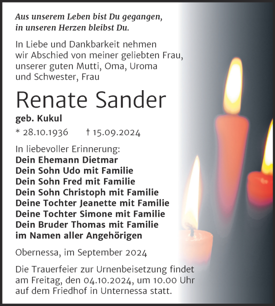 Traueranzeige von Renate Sander von Trauerkombi Weißenfels