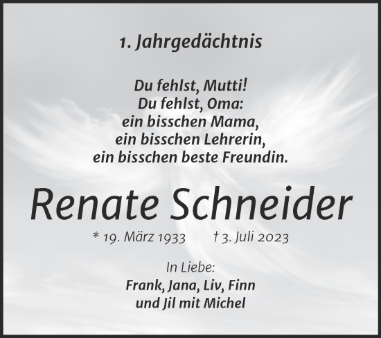 Traueranzeige von Renate Schneider von Mitteldeutsche Zeitung Halle/Saalkreis