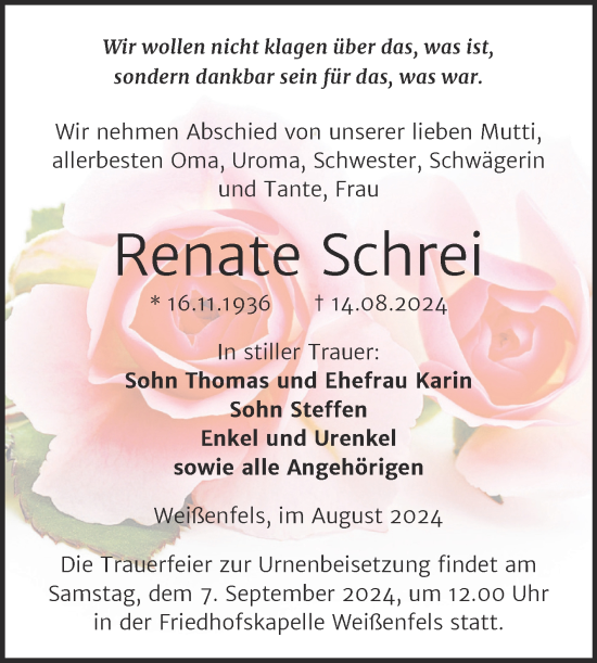 Traueranzeige von Renate Schrei von Trauerkombi Weißenfels