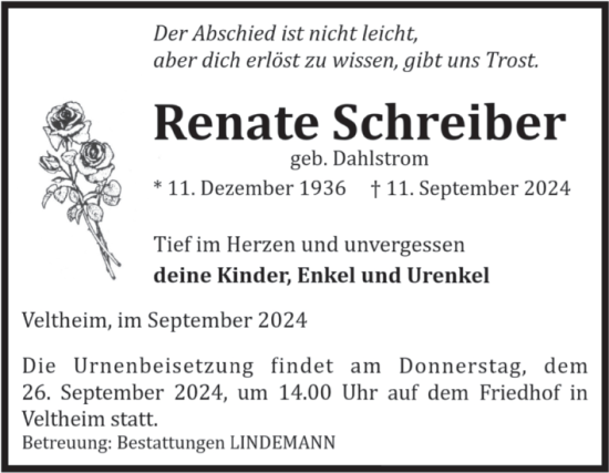 Traueranzeige von Renate Schreiber von Volksstimme Halberstadt