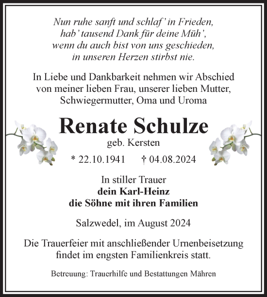 Traueranzeige von Renate Schulze von Volksstimme Altmark West