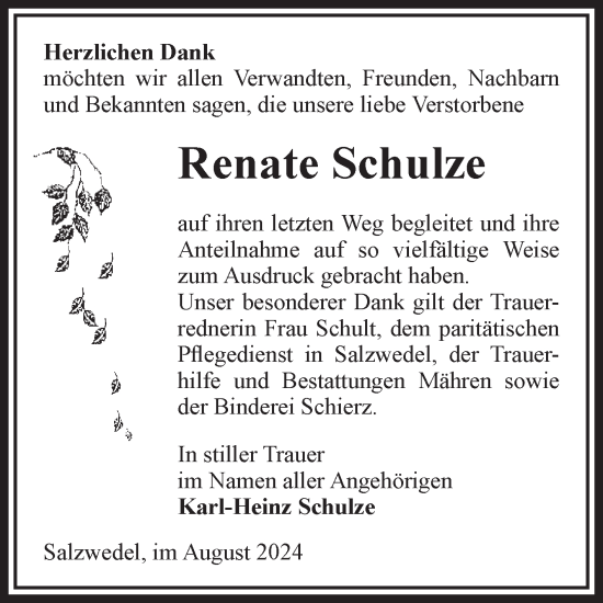 Traueranzeige von Renate Schulze von Volksstimme Altmark West