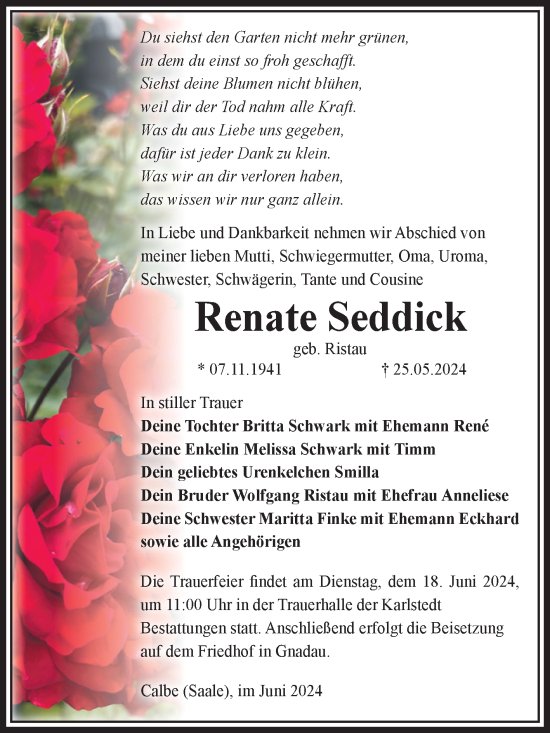 Traueranzeige von Renate Seddick von Volksstimme Schönebeck