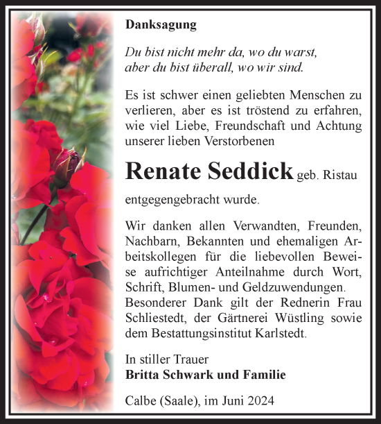 Traueranzeige von Renate Seddick von Volksstimme Schönebeck