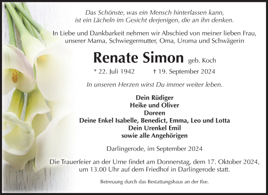 Traueranzeige von Renate Simon von Volksstimme Wernigerode