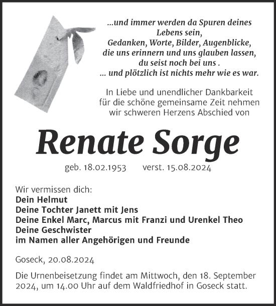 Traueranzeige von Renate Sorge von Trauerkombi Weißenfels