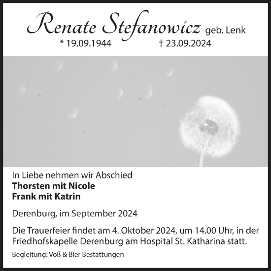 Traueranzeige von Renate Stefanowicz von Volksstimme Wernigerode