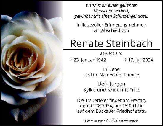 Traueranzeige von Renate Steinbach von Volksstimme Magdeburg