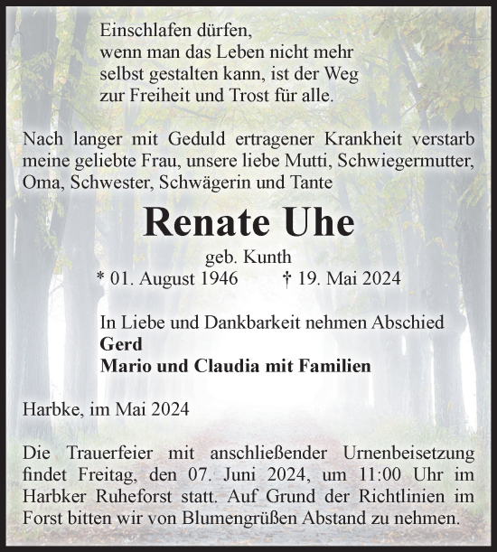 Traueranzeige von Renate Uhe von Volksstimme Oschersleben/Wanzleben