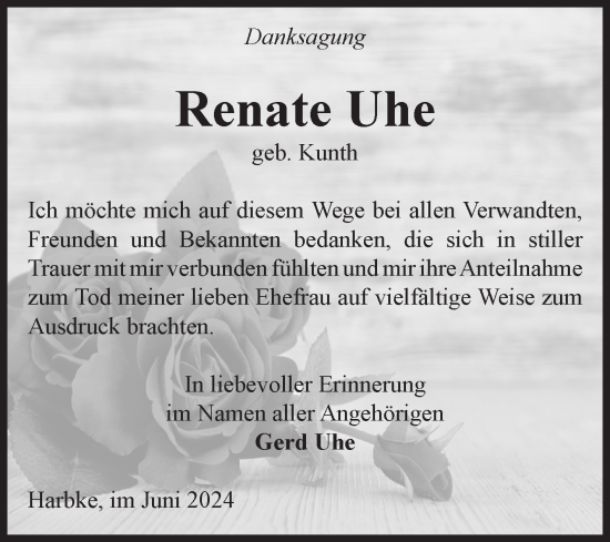 Traueranzeige von Renate Uhe von Volksstimme Oschersleben/Wanzleben