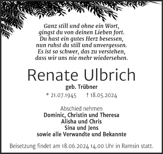 Traueranzeige von Renate Ulbrich von Trauerkombi Bitterfeld