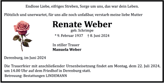 Traueranzeige von Renate Weber von Volksstimme Wernigerode