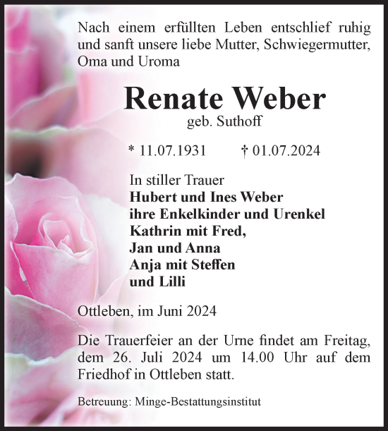 Traueranzeige von Renate Weber von Volksstimme Oschersleben/Wanzleben