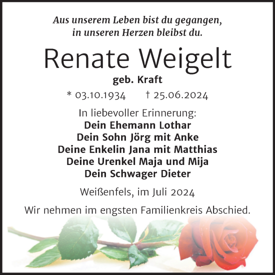 Traueranzeige von Renate Weigelt von Trauerkombi Weißenfels