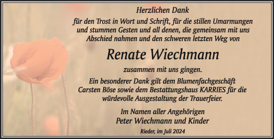Traueranzeige von Renate Wiechmann von Trauerkombi Quedlinburg