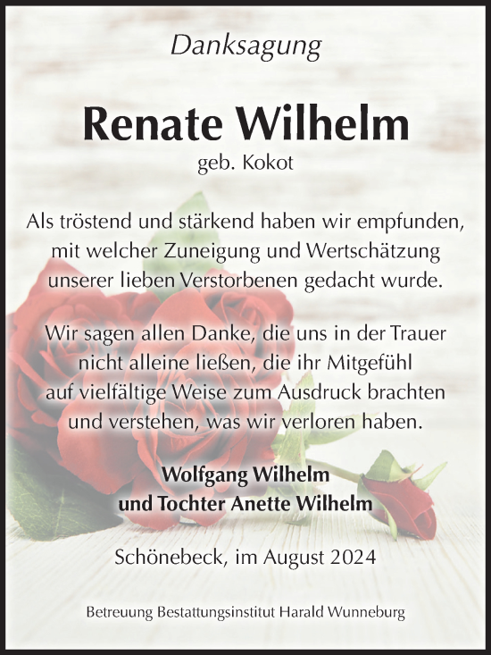 Traueranzeige von Renate Wilhelm von Volksstimme Schönebeck