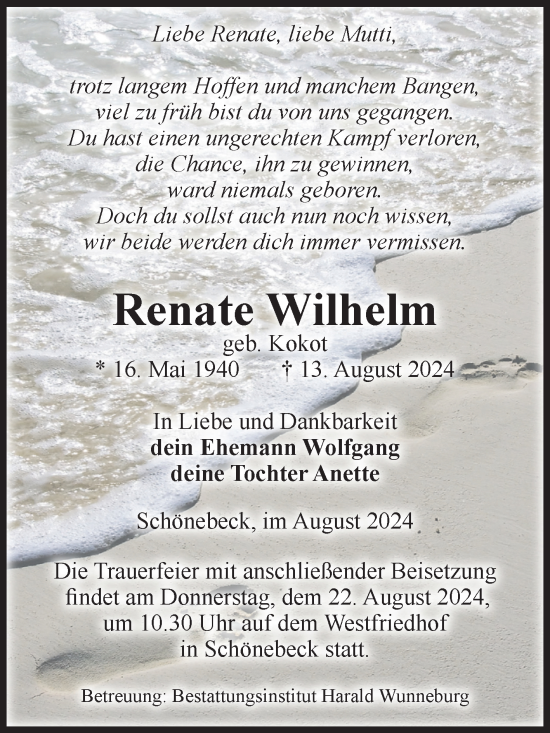 Traueranzeige von Renate Wilhelm von Volksstimme Schönebeck