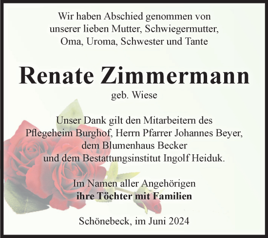 Traueranzeige von Renate Zimmermann von Volksstimme Schönebeck