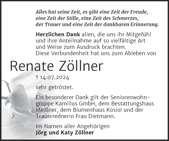 Traueranzeige von Renate Zöllner von Trauerkombi Sangerhausen