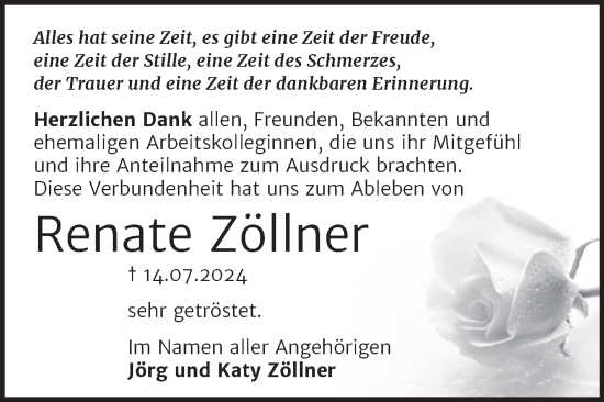 Traueranzeige von Renate Zöllner von Trauerkombi Mansfelder Land