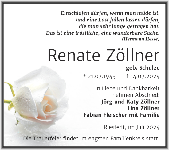 Traueranzeige von Renate Zöllner von Trauerkombi Sangerhausen