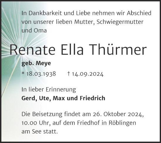Traueranzeige von Renate Ella Thürmer von Trauerkombi Mansfelder Land