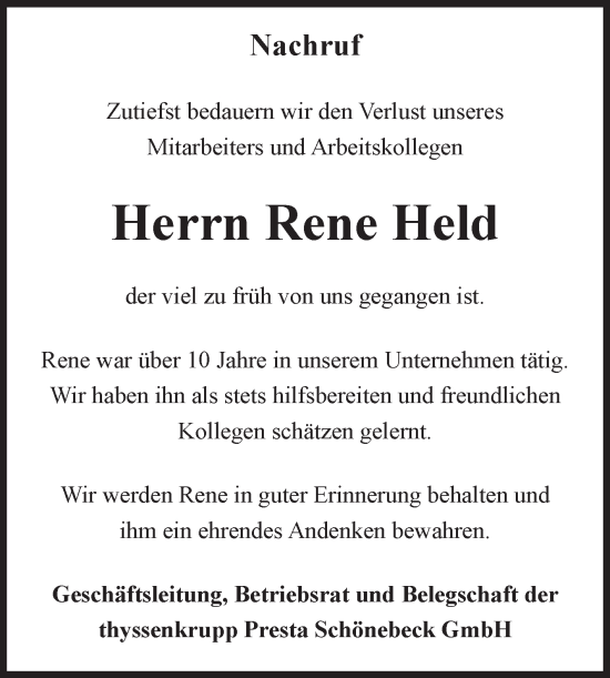 Traueranzeige von Rene Held von Volksstimme Schönebeck