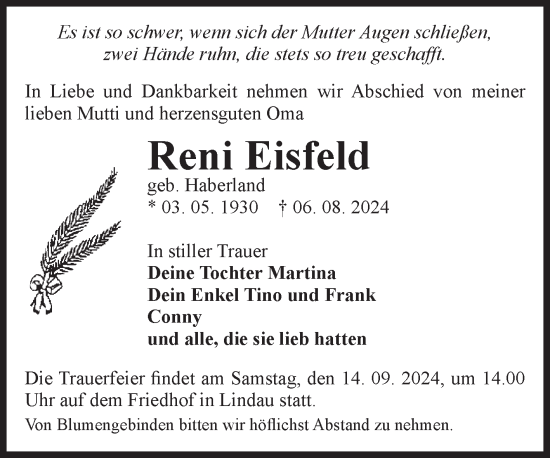 Traueranzeige von Reni Eisfeld von Volksstimme Zerbst