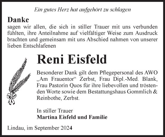 Traueranzeige von Reni Eisfeld von Volksstimme Zerbst