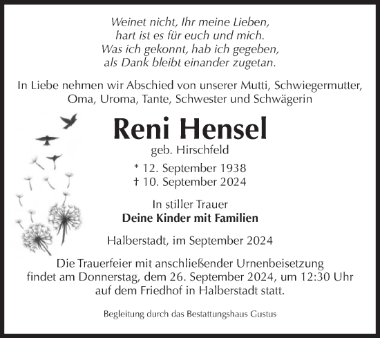 Traueranzeige von Reni Hensel von Volksstimme Halberstadt